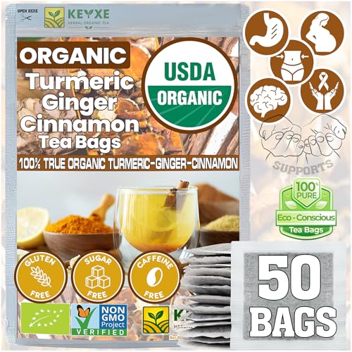 Image of USDA Organic Turmeric Ginger Cinnamon Tea Bags (50 Count) n Supports Digestion, Brain, Skin, Sleep & Joint Mobility n Eco-Conscious, Caffeine-Free & Sugar-Free Herbal Wellness Tea n Vegan, Non-GMO Natural Root Blend