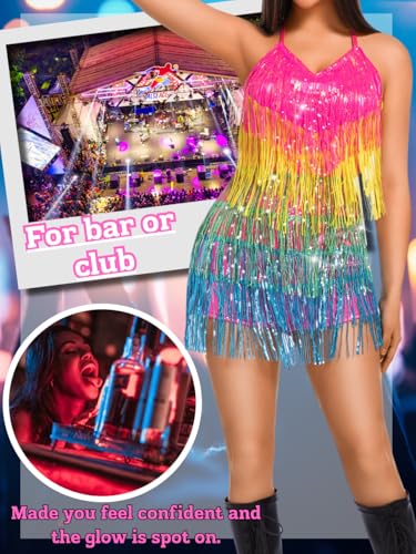 Image of Kaei&Shi Sequin Fringe Romper,Sparkly Glitter Metallic Jumpsuits For Women,Backless Shorts Dress Disco Birthday Dance Outfit