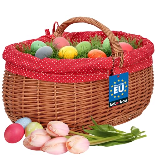 KOTARBAU® Panier en Osier - avec Anse - 47x31x32 cm - Marron - Panier Champignon - de Récolte - avec Doublure en Tissu Rouge - Alimentaire