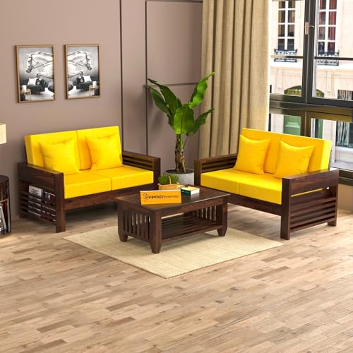 Image of Sheesham Wooden 4 Seater Sofa for Living Room | Rosewood 4 Seater Cushion Sofa with Side Teapoy for Home & Office | Solid Wood Sofa Set for Lounge (Walnut,Grey,2+2 Seater)