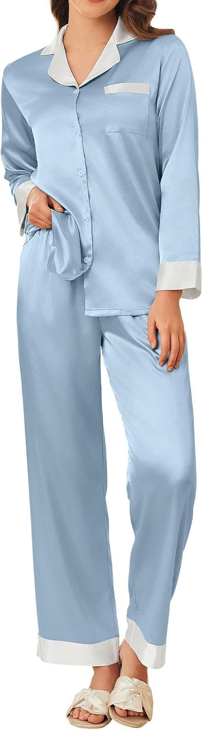 Ekouaer Silk Pajamas for Women Long Sleeve Satin Pajama Set Striped Leopard Print Pj Sets Button Down Loungewear Sleepwear