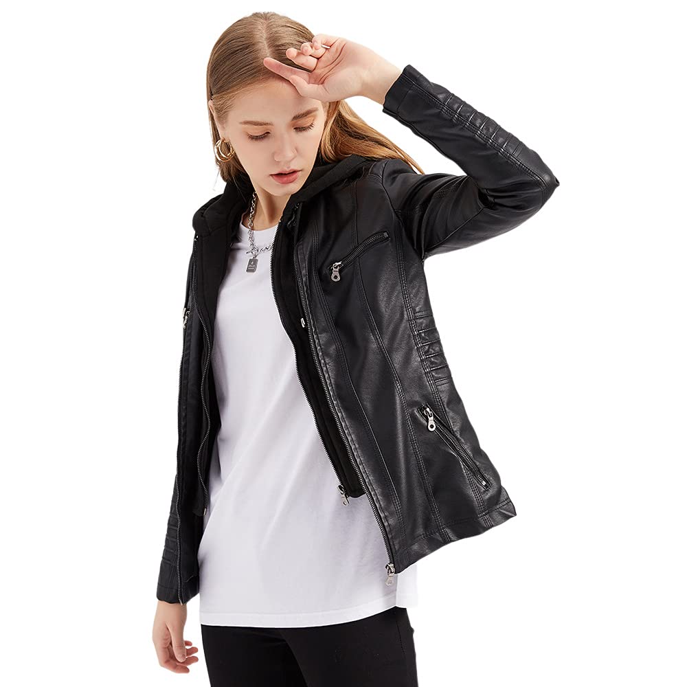 E-girl Damen Kunstleder Kapuzen-Bikerjacke RV | Abnehmbare Kapuze, Kordeln, Brust-RV-Taschen, Taillen-RV-Taschen. Kapuzenjacke, Biker-Jacke