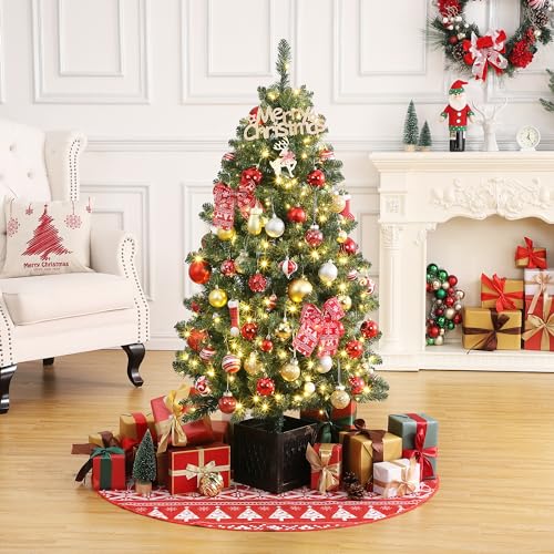 GarveeHome 4.5 Ft Artificial Christmas Tree, Pre-Lit Christmas Tree with 300 Warm White Led Lights, Holiday Xmas Tree with Vintage Potted Base, Festival Decoration for Home, Entrances