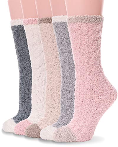 Image of EBMORE Fuzzy Socks for Women, Thick Cozy Warm Fluffy for Winter | Ultra Soft Plush Fleece Lining, Stretch Cuff, Comfy Heel & Toe, for Home & Sleep, Gifts Cabin Slipper Socks, 5 Pairs