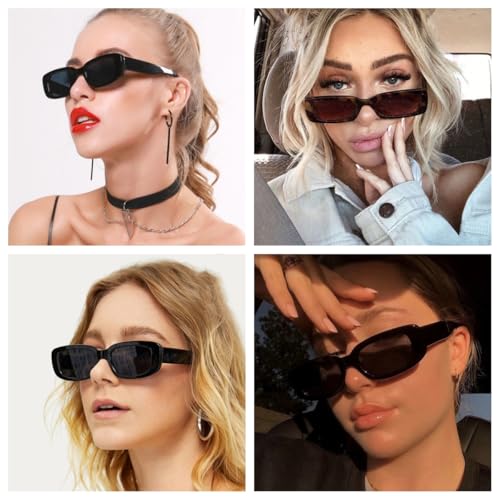 Image of IKANOO Retro Rectangle Sunglasses for Women Men Small Square Frame Trendy Y2K 90's Black Sunglasses