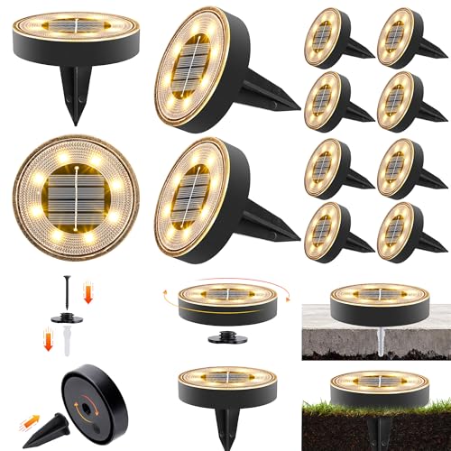 iBaycon Éclairage Solaire Extérieur Pour Jardin, Lampes Solaires Au Sol Blanc Chaud, Lot de 12 Lampes Étanches à 8 Led pour l'Éclairage des Allées, Des...
