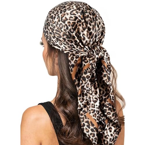 35 Inch Leopard Print Silk Head Scarf for Women Satin Hair Neck Scarf Wrap Large Lightweight Bandana