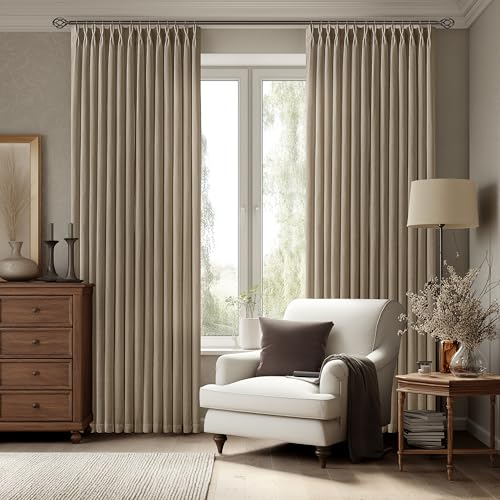 Image of Dark Brown Semi Sheer Pinch Pleated Linen Curtains 40 X 96 Inch Long Drapes | Hook Rings Memory Shape, Bedroom Dining Room, Light-Filtering Privacy, Thick Burlap Textured, Shabby Chic Farmhouse Vintage