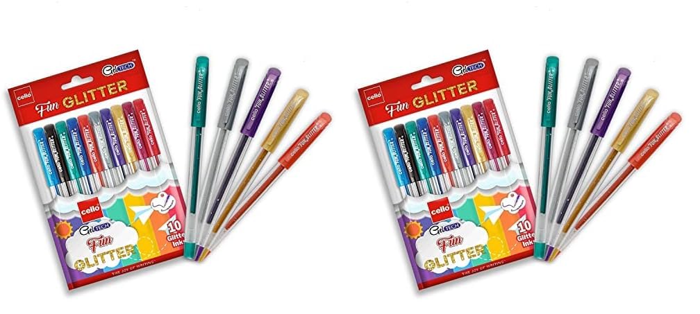Cello Geltech Fun Glitter Gel Pen Pack of 10 (Multicolor), Assorted