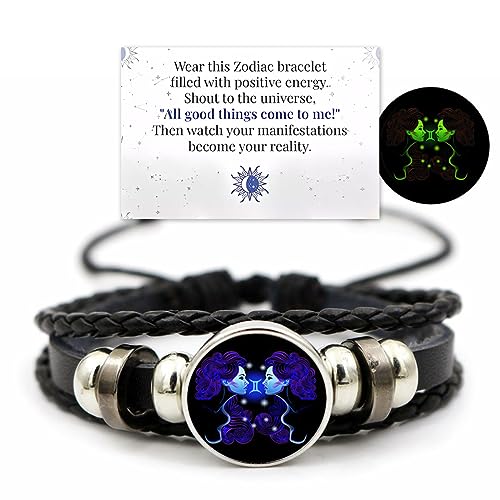 Zodiac Signs Spirit Bracelet, Handmade Woven Multilayer Adjustable 12 Constellation Zodiac PU Leather Bracelets Unisex, Glow in the Dark Zodiac Jewelry Gifts For Women Men (Gemini)