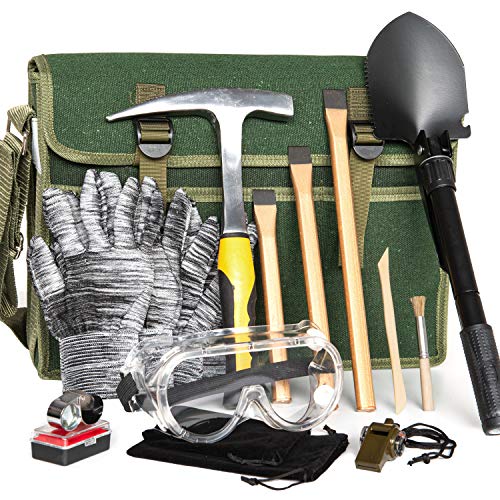 INCLY 15 PCS Geology Rock Pick Hammer Kit, 3 PCS Digging Chisels for Rock Hounding, Gold Mining & Prospecting Equipment with Shovel Musette Bag, Compass, Whistle, Wooden Chisel
