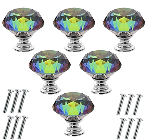 Akstore 6 Pcs Crystal Glass Cabinet Knobs 30mm Diamond Shape Drawer Kitchen Cabinets Dresser Cupboard Wardrobe Pulls Handles (30mm, Colorful)