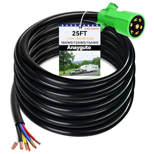 25 FT 7 Pin Trailer Plug 7 Way Trailer Plug Pure Brass 7 Pin Trailer Wiring Harness with Color Coded 7 Way Trailer Wire Round Male 7Pin Trailer Extension Heavy Duty 7 Blade Trailer Connector