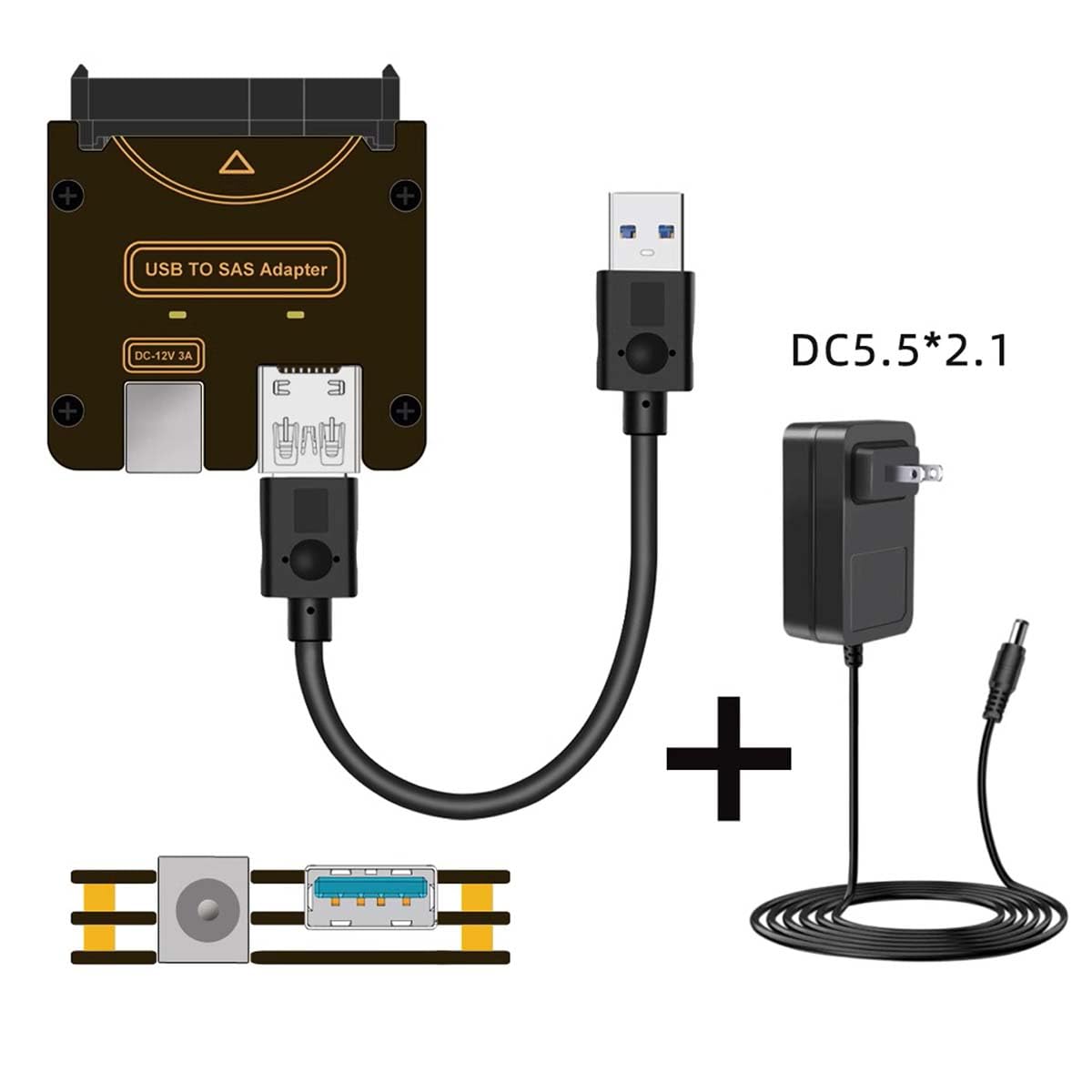 chenyang Adaptador USB 3.0 a SAS para discos duros SFF-8482 SAS de 2.5/3.5 pulgadas a adaptador convertidor USB con fuente de alimentación (necesita fuente de alimentación para funcionar)