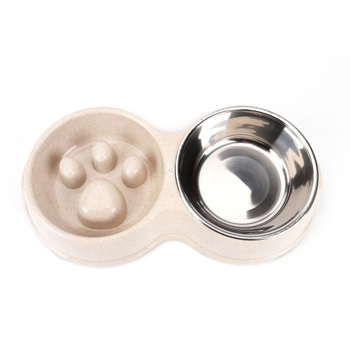 Double Slow Feeder Dog Bowl for Cat Dog and Puppy - Anti-choke Water and Food Puppy Feeder with Stainless Steel Detachable Dish and Non-Slip Bottom(S,White)