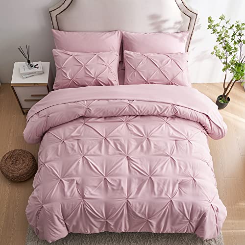 Ubauba 5pc Twin Size Comforter Set with Sheets, Pink Pintuck 5 Piece Bed in a Bag with Comforter, All Season Pinched Bedding Comforters & Sets (Pink,Twin)