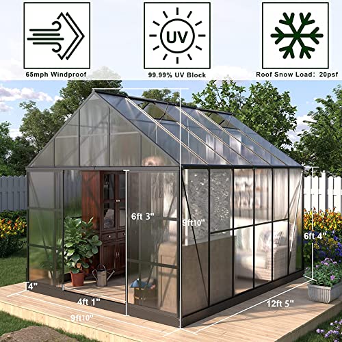 AMERLIFE 12x10x10FT Polycarbonate Greenhouse 2 Sliding Doors 4 Vents Walk-in Premium Professional Greenhouse Storage Shed Sunroom Aluminum Large Hot House for Outdoor Garden Backyard Matte Black - Image 4