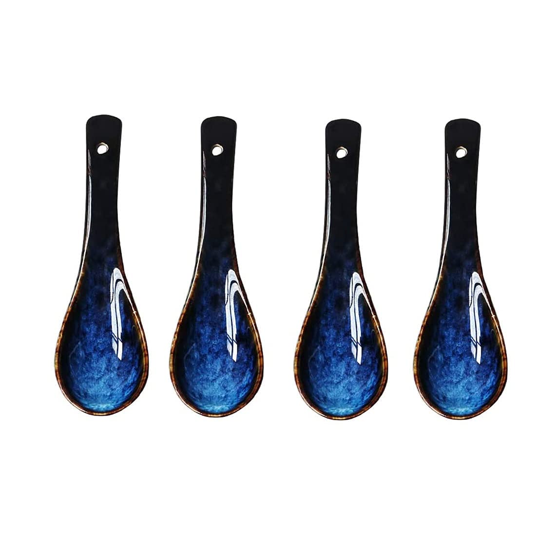Japanese Style Ceramic Blue Soup Spoon, Retro Ramen Bowl Soup Spoon Dessert Spoon Creative Kiln Change Tableware 4pcs