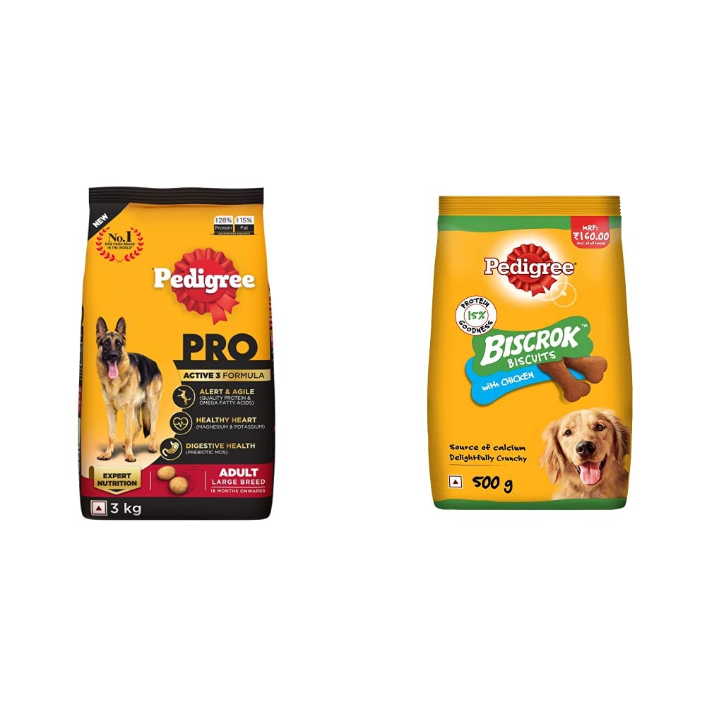 Pedigree PRO Expert Nutrition Dry Food for Large Breed Adult Active Dogs (18 Months Onwards), 3kg Pack&Pedigree Biscrok Biscuit Treats for Dogs (Above 4 Months), Chicken Flavour, 500g Pack (B0BP5G42Z1) Amazon Price History, Amazon Price Tracker