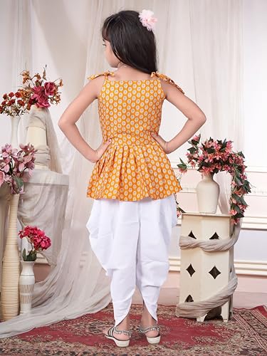 Image of Girls Ethnic Printed Peplum Top and White Dhoti Pant Set | Stylish Sleeveless Kurti with Comfortable Bottom | Traditional Festive Outfit for Kids