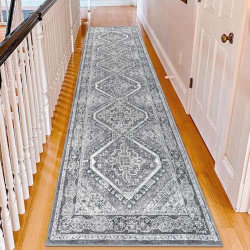KUTA 3x10 Grey Oriental Area Rug for Living Room, Vintage Washable Kitchen Rugs Non Slip, Ultra Soft Printed Distressed Traditional Medallion Entry Low-Pile Throw Carpet for Bedroom