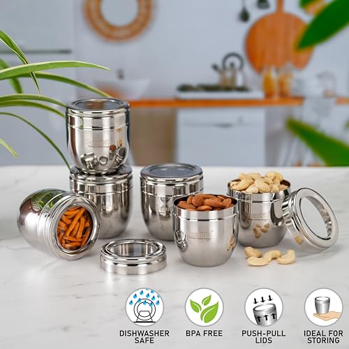 Image of Sumeet Stainless Steel Conical Shape Canisters /Dabba /Storage Containers for Kitchen with See Through Lid, Set of 6 Pcs, 250ml Each, 7cm Dia, Silver