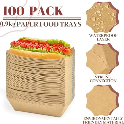 LATERN 100 Stück Kraftpapier Lebensmittel Schalen, 16CM x 12CM Robuste Papier Schiffchen Einweg Servier Tablett für Pommes Fritten Nachos Snack Hot Dog Taco Popcorn Grillen Picknick Hochzeit Party