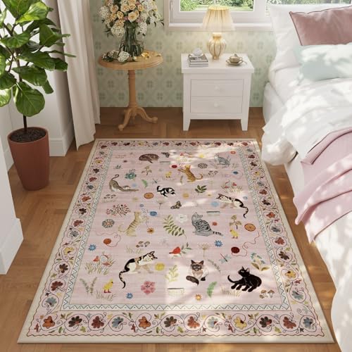 Bedroom Rug 3x5 Rug Washable Area Rug Non Slip Low Pile Boho Floral Animal Cat Small Carpet for Bedroom Bedside Kitchen Entryway Kids Room Office College Dorm Essentials for Girls, Pink