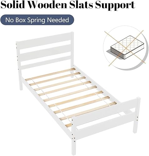 Miniatura 5 de Cama individual marco de cama de madera con cabecera y estribo para niños no necesita caja de resorte blanco individual