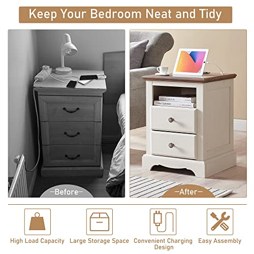 T4Tream Vintage White Nightstand With Charging Station, End Table With Storage, With Open Shelf And 2 Drawer，Electrical Outlets & Usb Ports, Antique White #TOP2