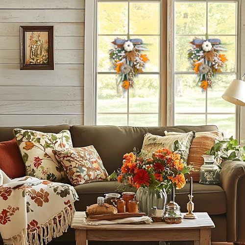 Image of 2PCS Fall Teardrop Swags 20inch Thanksgiving Wreath, Eucalyptus Berries Pumpkins Lamb Ears Leaves Autumn Wreaths for Front Door, Fall Decor, Porch Wall, Home Outdoor Holiday Decorations (C)