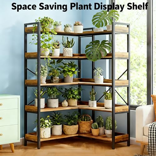 Image of HealSmart 5 Tier L Shape Bookshelf, 65 inch Corner Bookcase with Hooks and Edge, Industrial Wooden Bookcase with Open Shelves and Metal Frame for Living Room, Bedroom, Home Office, Kitchen, Brown
