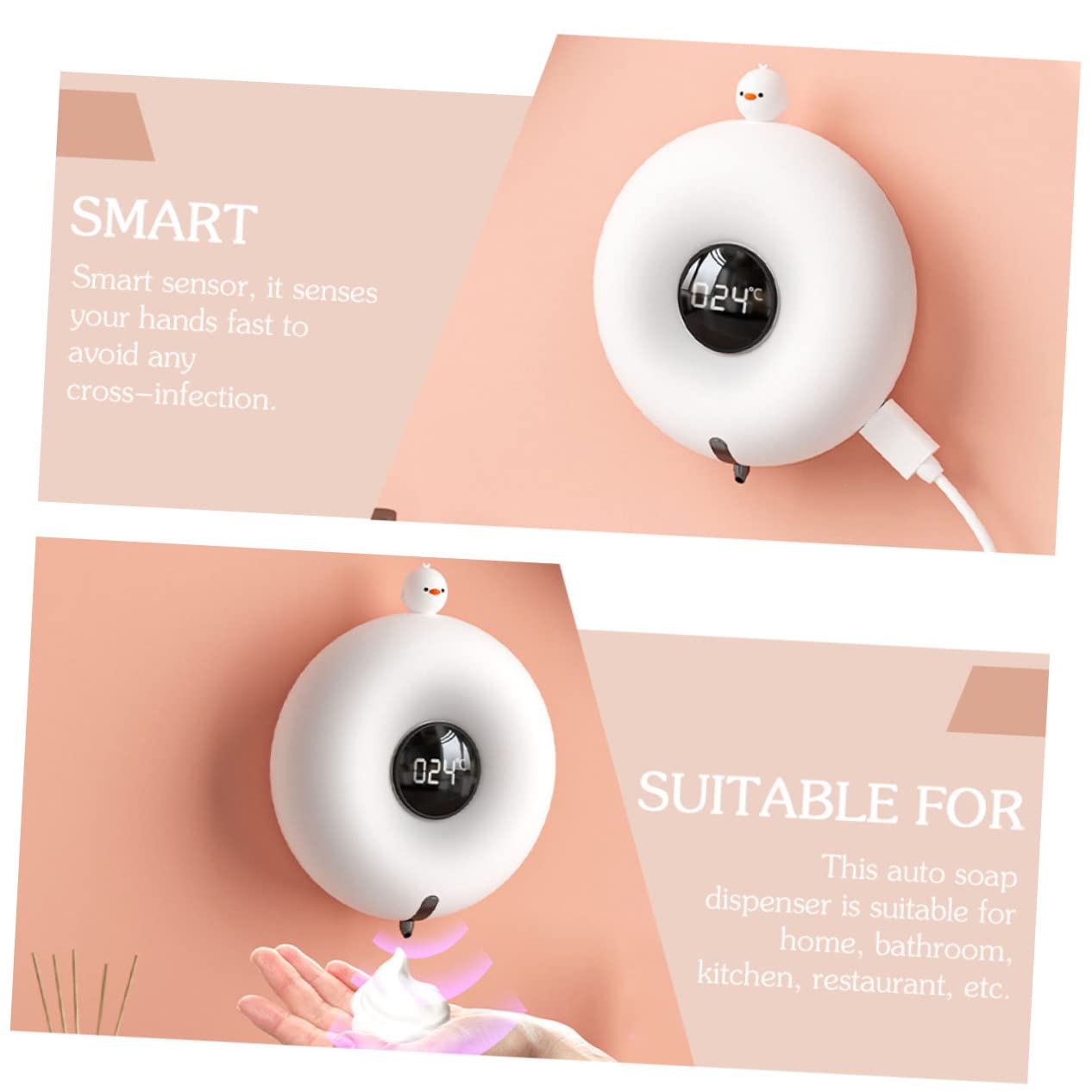 PRETYZOOM Distributore 300ml da Automatico Sensore Sapone di Parete Intelligente, Schiuma, Plastico Bianco, Ricaricabile per Bagno Casa