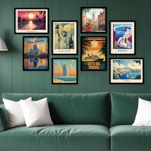 Image of kotart Modern Art City Vibes Wall Decor - Retro Travel Theme Wall Poster with Frame for Room Office Living Room Hotel Home Decor - Photo Frames - Framed Posters / Paintings Set of 8 (Art 4, Small(10x13 or 10x10 inch), Framed)