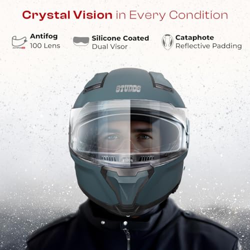 Image of STUDDS Helios ISI and DOT Certified Full Face Helmet with Antifog 100 Lens, Sporty Spoiler (Shark Skin Blue - L)