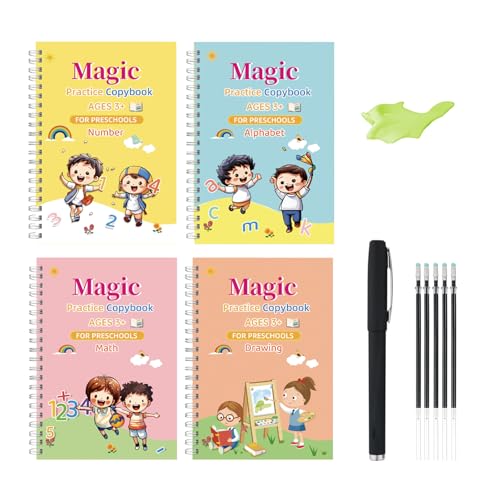 Handwriting Practice Books for Kids Aged 3-5 (4 Books) - Reusable Grooved Magic Workbooks with Pens - Alphabet Math Number Drawing Nursery School Kit - 19x13cm