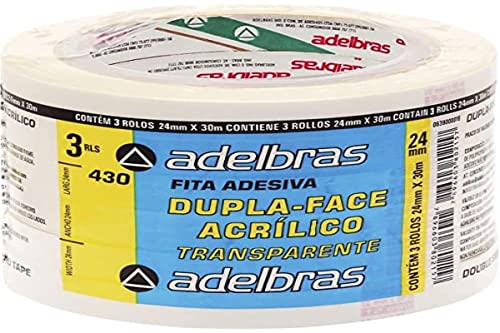 Fita Dupla Face, Adelbras, 639000019, Polipropileno, Acrílica, Transparente, 24mmx30m, Pacote com 3 Rolos