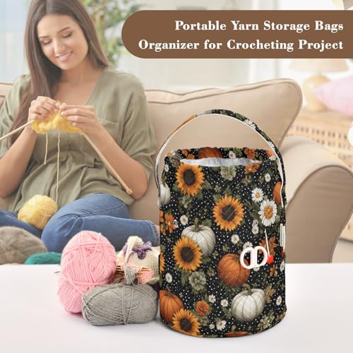 Image of ElliTarr Crochet Bag Yarn Bag with Handle Portable Knitting Project Bag Travel Yarn Storage Organizer Holder Case Black Dotty Pumpkins Sunflowers Daisy
