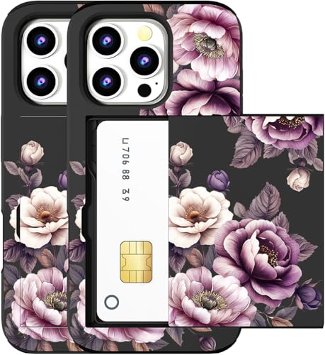 MUQR Compatible for iPhone 16 Pro Case with Card Holder Cute - Kawaii Design Military-Grade Drop Protection Rugged Wallet Cases for Women (Black Pink Roses Flowers)