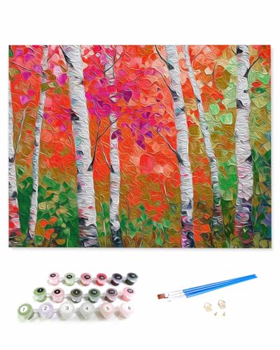 VamJump 数字油絵 手塗り シラカバの木 植物 夏 木 油絵 風景 DIY絵 初心者 時間をつぶす 壁飾り アートクラフト 絵画手芸キッ 絵の具をつける 塗りつぶし掛け 50x50cm