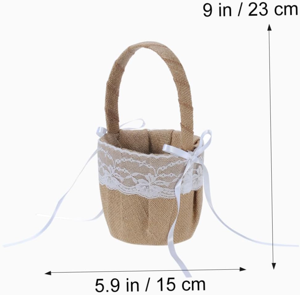 Amosfun Elegant Rustic Wedding Pillow 6'' Burlap Jute Lace Basket for Ceremony