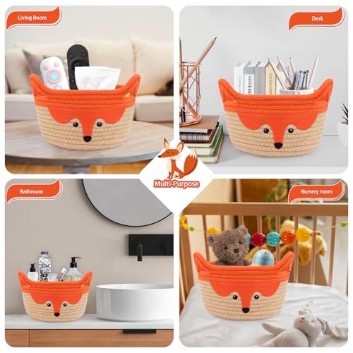 Image of Small Storage Basket, Cute Fox Animal Gift Basket for Nursery | Woven Rope Cotton Storage,Soft Baby Towel 0rganizer with Ears Handles, Caddy Blanket Towel Decor Storage Bin,8.2 inchD x 4.7 inchH in