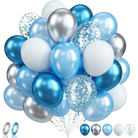 Biapian Blue White Balloons Set, 60PCS Blue Silver Birthday Balloons, 12Inch Blue and White Latex Balloons Metallic Silver Blue Helium Balloons for Boys Birthday Baby Shower Wedding Party Decoration Cover
