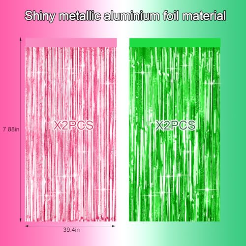 Image of 4 Packs Pink and Green Foil Fringe Curtain, Pink Green Metallic Tinsel Backdrop for Birthday, Baby Shower, Princess Bachelorette Party, Witch Party Decorations Supplies