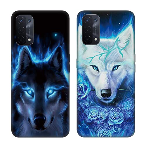 Tveinan 2 Pack Coque Compatible avec Oppo A54 5G / Oppo A74 5G Etui, Case Mince Souple Silicone Antichoc Protection pour Oppo A54 5G / A74 5G, Housse de Noir Motif Anti-Rayures pour Femme - Loup Cover