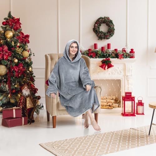 MOKANI Kuscheldecke mit Ärmeln und Kapuze Hoodie Decke, Decken Hoodie Decke mit Ärmeln, Übergröße Kapuzenpullover für Damen Herren, Grau