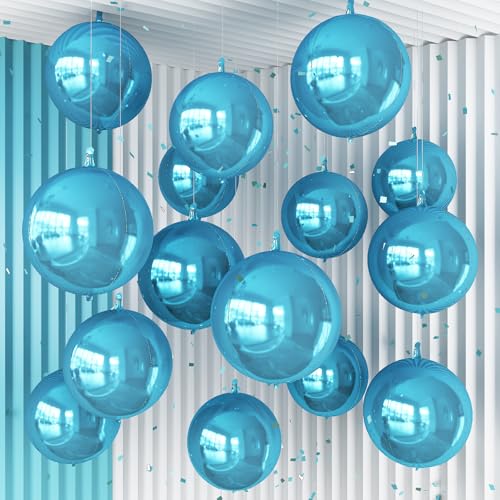 Image of 14 Pcs Blue Round Foil Balloons 22 /15 /10 4D Ball Balloons Light Baby Blue Metallic Balloon Ornament Mylar Balloon Chrome for Birthday Graduation Wedding Anniversary Ocean Disco Party Decor
