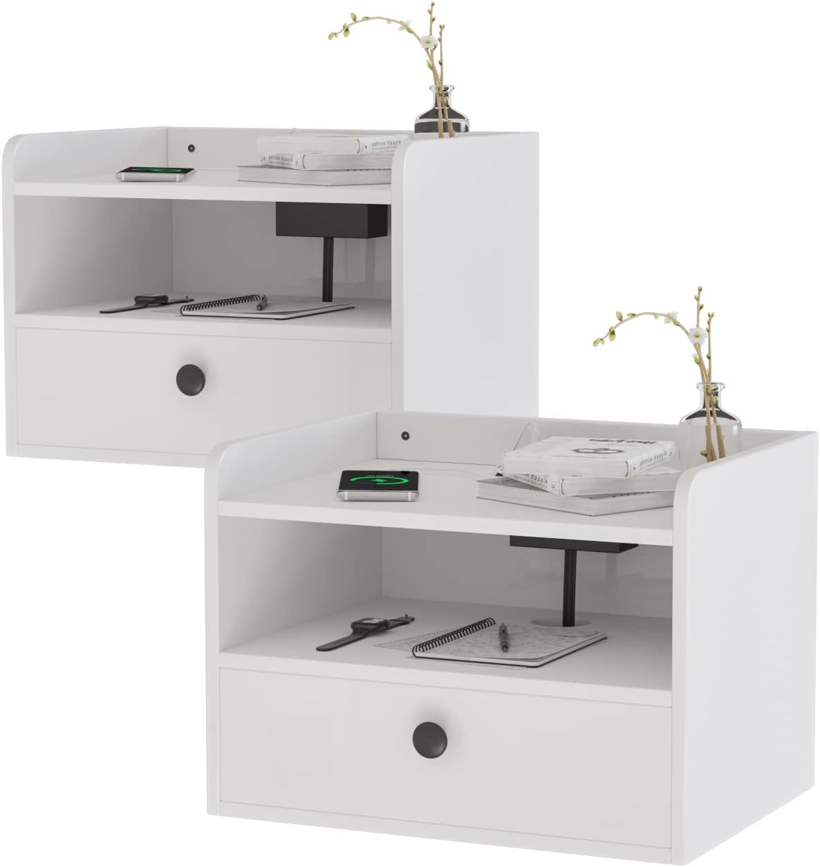 White Floating Nightstand Set of 2 with Charging Station and Storage