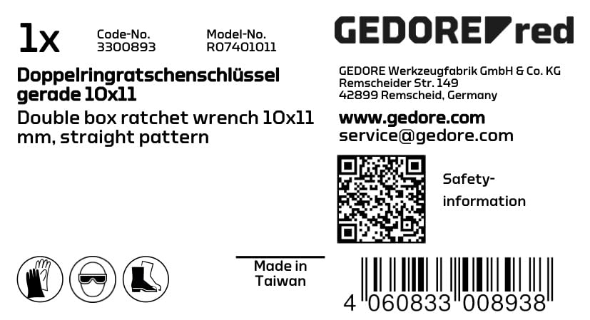 GEDORE Red Double Ring Ratchet Wrench Straight Shape, Metric Spanner Size 10 x 11 mm - Image 2