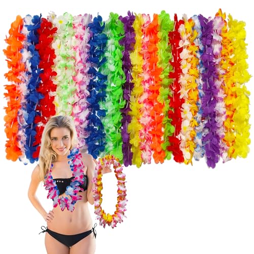 Image of 24Pcs Hawaiian Leis for Luau Party Decor, Colorful Flower Necklace,Tropical Hawaiian Bulk Hula Dance Party Decor, Summer Beach Pool Decorations Favors Supplies.